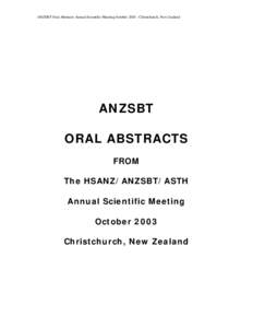 ANZSBT Oral Abstracts Annual Scientific Meeting OctoberChristchurch, New Zealand  ANZSBT ORAL ABSTRACTS FROM The HSANZ/ANZSBT/ASTH