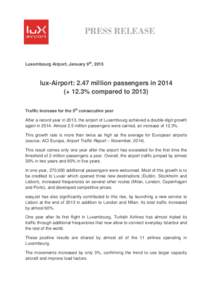 PRESS RELEASE  Luxembourg Airport, January 9th, 2015 lux-Airport: 2.47 million passengers in 2014 (+ 12.3% compared to 2013)