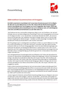 Pressemitteilung 10. April 2018 GEMA stabilisiert Gesamteinnahmen mit Ertragsplus Die GEMA verzeichnet im Geschäftsjahr 2017 erneut einen Einnahmenzuwachs für ihre Mitglieder: Mit mehr als einer Milliarde Euro,3