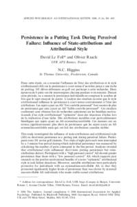 APPLIED PSYCHOLOGY: AN INTERNATIONAL REVIEW, 2006, 55 (4), 586–605  Persistence in a Putting Task During Perceived Failure: Inﬂuence of State-attributions and Attributional Style