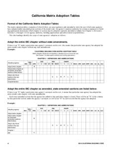 California Matrix Adoption Tables Format of the California Matrix Adoption Tables The matrix adoption tables, examples of which follow, are non-regulatory aids intended to show the user which state agencies have adopted 