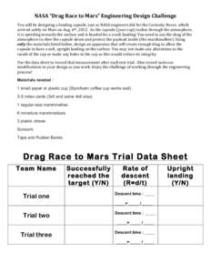 NASA	
  “Drag	
  Race	
  to	
  Mars”	
  Engineering	
  Design	
  Challenge	
   You	
  will	
  be	
  designing	
  a	
  landing	
  capsule,	
  just	
  as	
  NASA	
  engineers	
  did	
  for	
  the	
