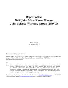Report of the 2018 Joint Mars Rover Mission Joint Science Working Group (JSWG) Final Version