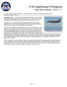 F-35 Lightning II Program Public Affairs Release – [removed]F[removed]C C A R R I E R V A R I A N T S E P A R A T I O N T E S T  C O N D U C T S