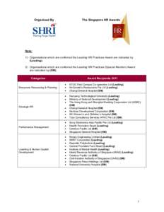 Organised By  The Singapore HR Awards Note: 1) Organisations which are conferred the Leading HR Practices Award are indicated by