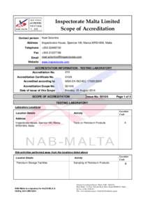 Inspectorate Malta Limited Scope of Accreditation 010  Contact person
