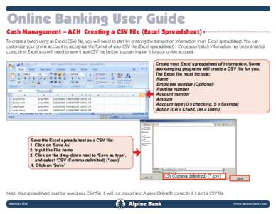 Online Banking User Guide Cash Management – ACH Creating a CSV File (Excel Spreadsheet) To create a batch using an Excel (CSV) file, you will need to start by entering the transaction information in an Excel spreadshee