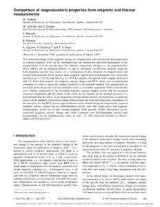 Comparison of magnetocaloric properties from magnetic and thermal measurements M. Foldeaki Institute de Recherche sur l’Hydroge`ne, Trois-Rivie`res, Quebec, Canada G9A 5H7  W. Schnelle and E. Gmelin