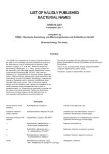 LIST OF VALIDLY PUBLISHED BACTERIAL NAMES UPDATE LIST November 2011 compiled by DSMZ - Deutsche Sammlung von Mikroorganismen und Zellkulturen GmbH