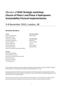 Minutes of HSAF Strategic workshop: Closure of Phase I and Phase II Hydropower Sustainability Protocol Implementation 3-4 November 2010, London, UK Workshop Attendance Present