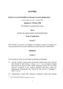 AUSTRIA Federal Act on Civil Liability for Damage Caused by Radioactivity (Atomic Liability Act 1999 – AtomHG 1999) adopted on 7 October 1998 The National Assembly hereby enacts