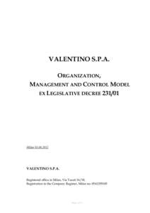 VALENTINO S.P.A. ORGANIZATION, MANAGEMENT AND CONTROL MODEL EX LEGISLATIVE DECREE[removed]Milan[removed]