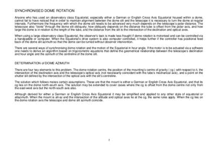 SYNCHRONISED DOME ROTATION Anyone who has used an observatory class Equatorial, especially either a German or English Cross Axis Equatorial housed within a dome, cannot fail to have noticed that in order to maintain alig