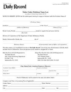 The Daily Record Legal Notice Advertisement Request Form Notice Under Fictitious Name Law According to Florida Statute Number