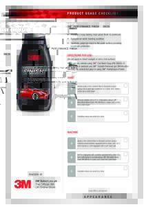 PRODUCT USAGE CHECKLIST  3M™ PERFORMANCE FINISH | 39030 •	 Provides a long-lasting, high-gloss finish to paintwork •	 Exceptional water beading qualities •	 Synthetic polymers bond to the paint surface providing