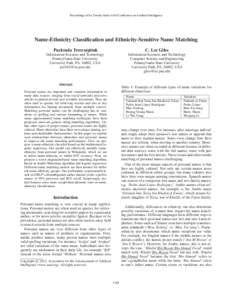 Proceedings of the Twenty-Sixth AAAI Conference on Artificial Intelligence  Name-Ethnicity Classification and Ethnicity-Sensitive Name Matching Pucktada Treeratpituk  C. Lee Giles