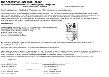 The Ancestry of Susannah Tapper born Susannah Blachford in 1744 in Fordingbridge, Hampshire By Mark Wareham, great x 5 grandson Last updated 8th February 2015
