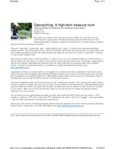 Printable  Page 1 of 1 Geocaching: A high-tech treasure hunt Thinking Outside The Classroom with Keystone Science School