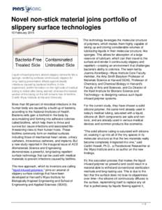 Novel non-stick material joins portfolio of slippery surface technologies