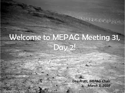 Welcome to MEPAG Meeting 31, Day 2! Lisa Pratt, MEPAG Chair March 3, 2016 Opportunity NavCam image, solFeb 24, 2016)