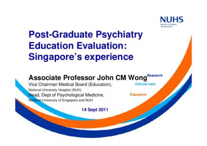 Post-Graduate Psychiatry Education Evaluation: Singapore’s experience Associate Professor John CM WongResearch Vice Chairman Medical Board (Education),