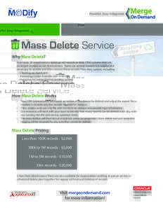 Powerful. Easy. Integrated.  Mass Delete Service Why Mass Delete? Over time, all organizations build up old records in their CRM systems that are no longer needed to run the business. There are several reasons it is help
