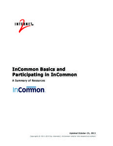 InCommon Basics and Participating in InCommon A Summary of Resources Updated October 25, 2013 Copyright © by Internet2, InCommon and/or the respective authors