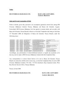 Notice  BSI OVERSEAS (BAHAMAS) LTD. BANCA DEL GOTTARDO, NASSAU BRANCH
