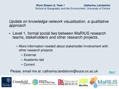 Work Stream A, Task 1 Catharina Landström School of Geography and the Environment, University of Oxford Update on knowledge network visualisation, a qualitative approach