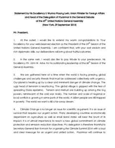 Statement by His Excellency U Wunna Maung Lwin, Union Minister for Foreign Affairs and Head of the Delegation of Myanmar in the General Debate at the 69th United Nations General Assembly (New York, 29 SeptemberMr.