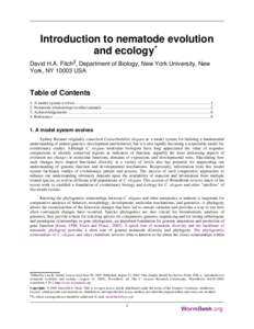 Introduction to nematode evolution and ecology* David H.A. Fitch§, Department of Biology, New York University, New York, NYUSA  Table of Contents