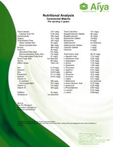 Nutritional Analysis Ceremonial Matcha Per serving (1 gram) Total Calories Calories from Fat