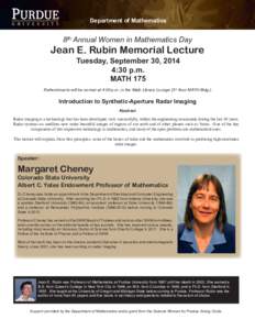 Department of Mathematics  8th Annual Women in Mathematics Day Jean E. Rubin Memorial Lecture Tuesday, September 30, 2014