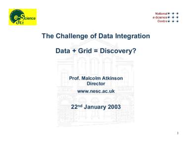 The Challenge of Data Integration Data + Grid = Discovery? Prof. Malcolm Atkinson Director www.nesc.ac.uk