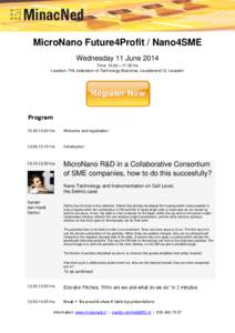 MicroNano Future4Profit / Nano4SME Wednesday 11 June 2014 Time: 13.00 – 17.30 hrs Location: FHI, federation of Technology Branches, Leusderend 12, Leusden  Program