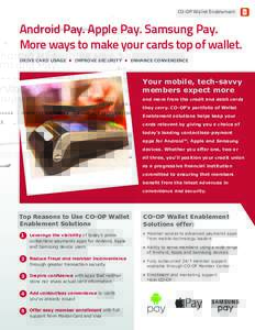 CO-OP Wallet Enablement  Android Pay. Apple Pay. Samsung Pay. More ways to make your cards top of wallet. DRIVE CARD USAGE • IMPROVE SECURITY • ENHANCE CONVENIENCE
