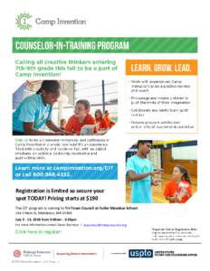 Registration is limited so secure your spot TODAY! Pricing starts at $190 The CIT program is coming to Tri-Town Council at Fuller Meadow School 143 S Main St, Middleton, MAJuly, 2018 from 9:00am - 3:30pm Fo
