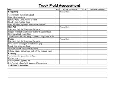 Track Field Assessment Skill Long Jump Accelerate to Maximum Speed Take off of one foot