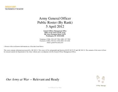 Army General Officer Public Roster (By Rank) 5 April 2012 General Officer Management Office Office of the Chief of Staff, Army 200 Army Pentagon, Room 2A476