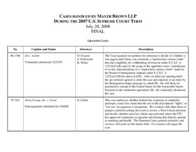 CASES HANDLED BY MAYER BROWN LLP DURING THE 2007 U.S. SUPREME COURT TERM July 28, 2008 FINAL GRANTED CASES No.