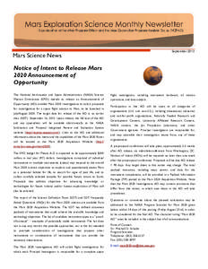 September[removed]Mars Science News Notice of Intent to Release Mars 2020 Announcement of Opportunity
