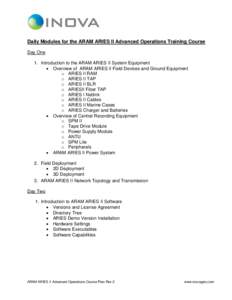 Daily Modules for the ARAM ARIES II Advanced Operations Training Course Day One 1. Introduction to the ARAM ARIES II System Equipment  Overview of ARAM ARIES II Field Devices and Ground Equipment o ARIES II RAM o ARIE