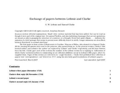 Exchange of papers between Leibniz and Clarke G. W. Leibniz and Samuel Clarke Copyright ©2010–2015 All rights reserved. Jonathan Bennett [Brackets] enclose editorial explanations. Small ·dots· enclose material that 