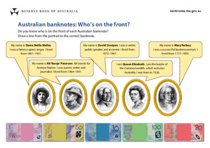 Australian banknotes: Who’s on the front? Do you know who is on the front of each Australian banknote? Draw a line from the portrait to the correct banknote. My name is Dame Nellie Melba. I was a famous opera singer. I