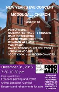 NEW YEAR’S EVE CONCERT MCDOUGALL CHURCHST PERFORMERS: GATEWAY FESTIVAL CITY FIDDLERS BACK PORCH SWING