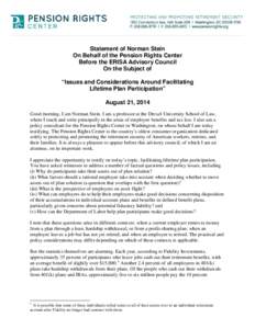 Statement of Norman Stein On Behalf of the Pension Rights Center Before the ERISA Advisory Council On the Subject of “Issues and Considerations Around Facilitating Lifetime Plan Participation”