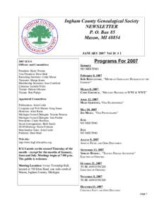 Ingham County Genealogical Society NEWSLETTER P. O. Box 85 Mason, MIJANUARY 2007 Vol 10 # ICGS