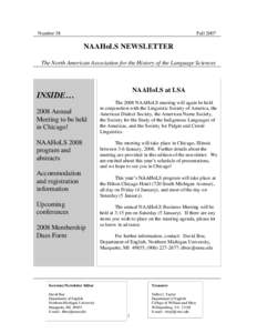Number 38  Fall 2007 NAAHoLS NEWSLETTER The North American Association for the History of the Language Sciences