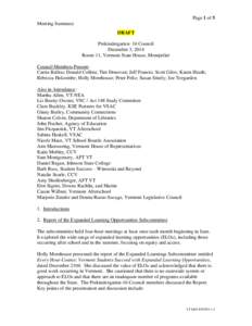 Page 1 of 5 Meeting Summary DRAFT Prekindergarten–16 Council December 3, 2014 Room 11, Vermont State House, Montpelier