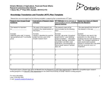 Ontario Ministry of Agriculture, Food and Rural Affairs Research and Innovation Branch 1 Stone Rd, 2nd Floor NW, Guelph, ON N1G 4Y2 Knowledge Translation and Transfer (KTT) Plan Template Researchers are encouraged use th